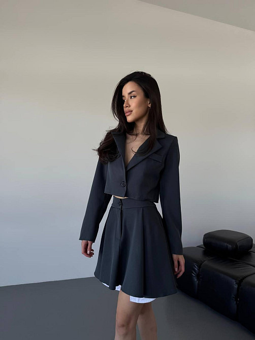 Жіночий костюм-двійка: укорочений піджак і спідниця з трендовою імітацією кишень турецька костюмка + котон Графіт, 44/46 Одеса - фото 4