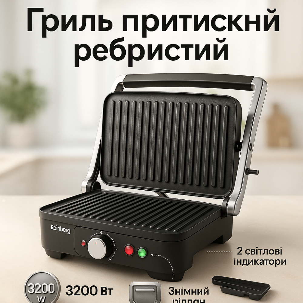 Гриль для приготовления мяса Rainberg RB-5413 3200Вт, Двухсторонний контактный гриль для дома LR-28 Львов - изображение 16