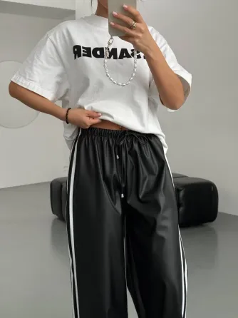 Женские теплые кожаные штаны с лампасами на флисе снизу с затяжками на флисе Харьков