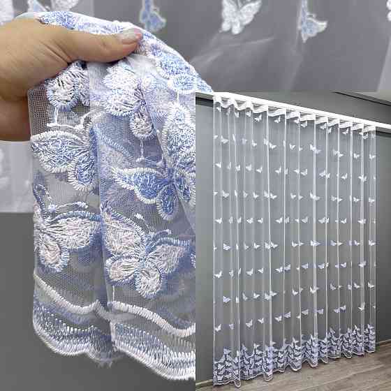 Тюль VR-Textil 1740т Фатин "Метелики" з вишивкою та люрексом Блакитний з білим 300х270 см (42-0783) Київ