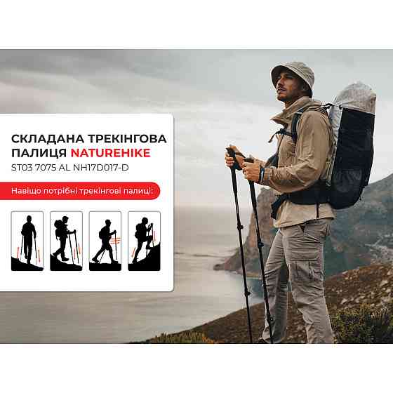 Трекинговая палка 3-сек. Naturehike ST 03 7075 AL NH17D017-D, черная Ровно