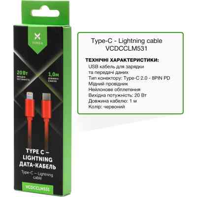Дата кабель USB-C to Lightning 1.0m 20W Nylon Red Vinga (VCDCCLM531) Винница