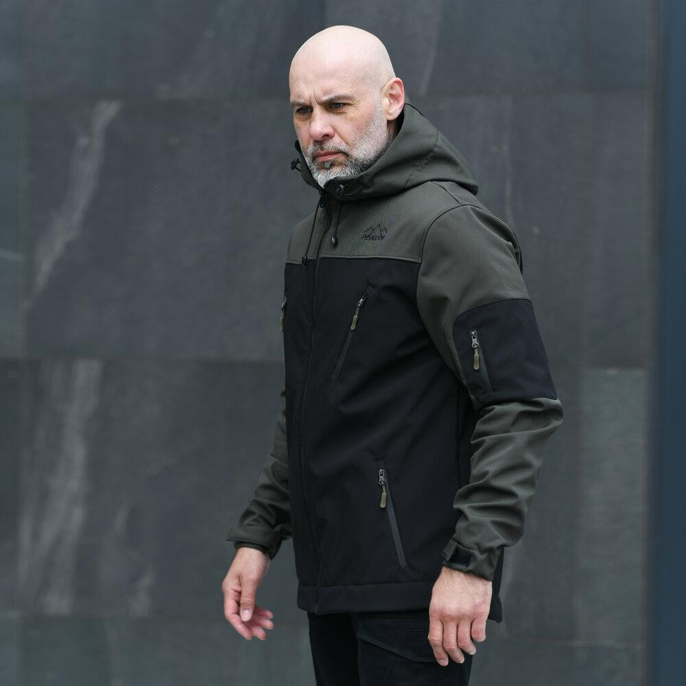 Чоловіча куртка soft shell Pobedov софтшелл Куртка демісезонна з капюшоном осінь весна чорна-хакі Одеса - фото 4