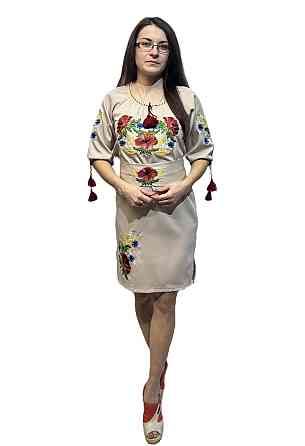 Жіноча вишита сукня з поясом з чарівними Маками і колосками  бежева Київ