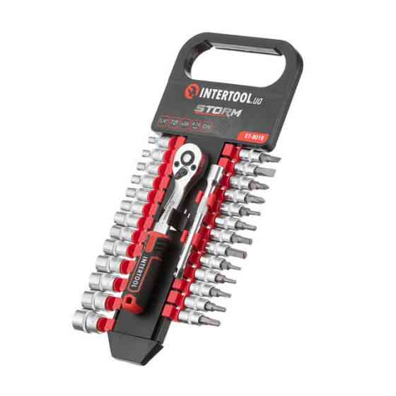 Набір головок і біт STORM, 1/4", Cr-V, 28 од., головки: 4-14 мм, біти: TORX, HEX, PH, SL, тріскачка 72 зуби, подовжувач 100 мм Львів