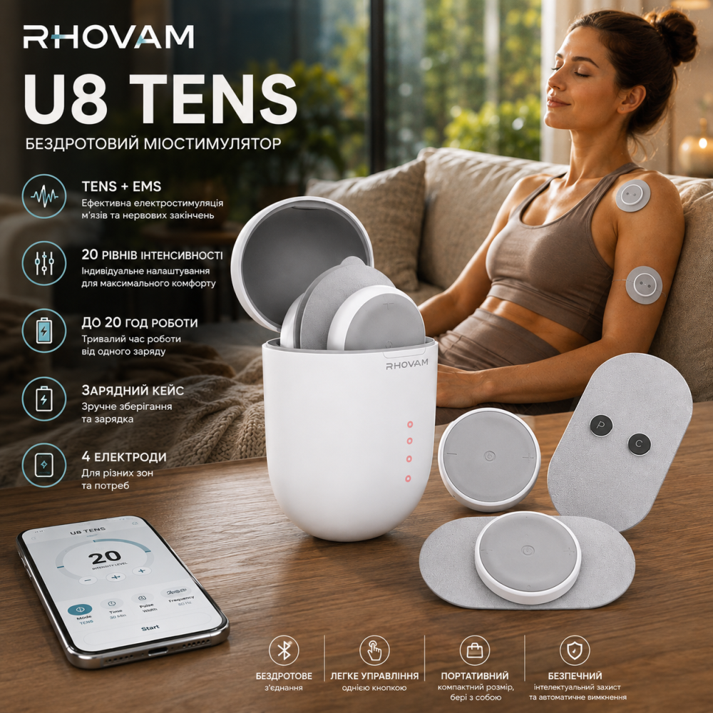 Беспроводной TENS-миостимулятор Rhovam U8, аппарат для электростимуляции и релаксации, до 20 ч, зарядный кейс Киев - изображение 1