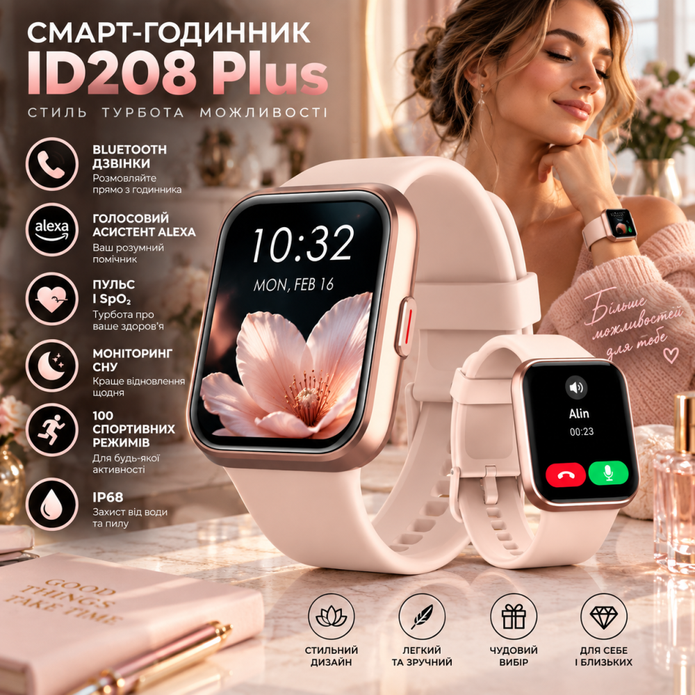 Смарт-годинник жіночий ID208 Plus 1,8″ Bluetooth-дзвінки, Alexa, IP68, пульс, SpO2, сон, 100 спортивних режимів Київ - фото 1