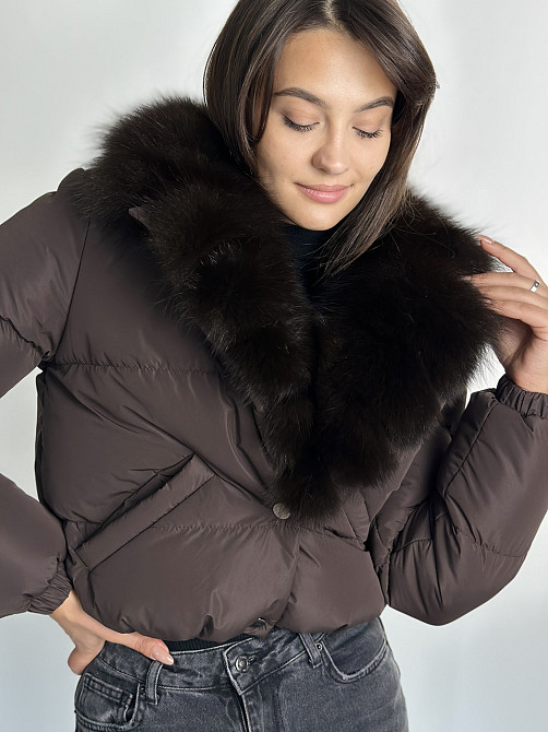 Короткий пуховик женский с мехом Бежевый Светлый Соболь XS-XL, Пуффер, Коричневый Харьков - изображение 8