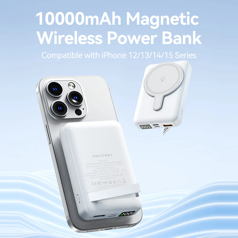 Зовнішній акумулятор Vention 10000mAh Magnetic Wireless Power Bank (USB-C + Lightning + USB-C + USB-A +Wireless) 22.5W White LED Київ - фото 9