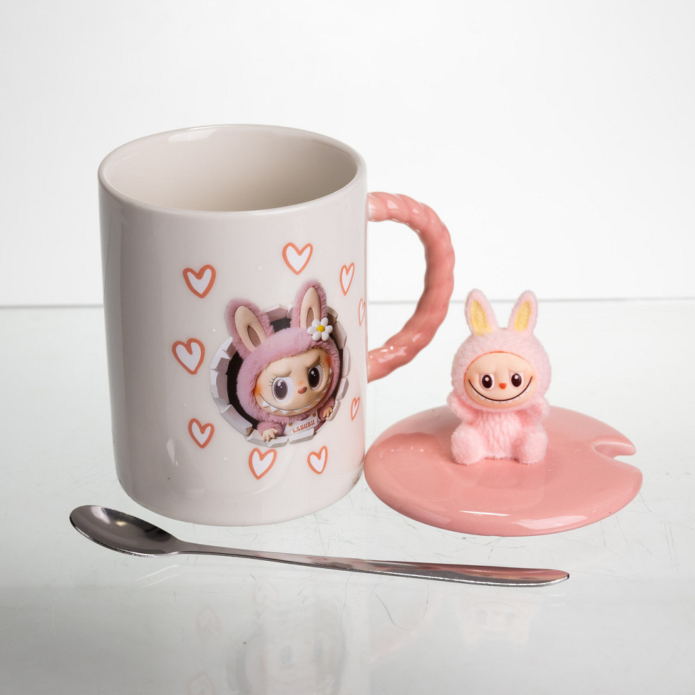 Чашка фарфоровая с крышкой и ложкой Labubu 300 (мл) подарочная кружка прикольная чашка для детей на подарок Розовый FM-35C SBR Киев - изображение 3