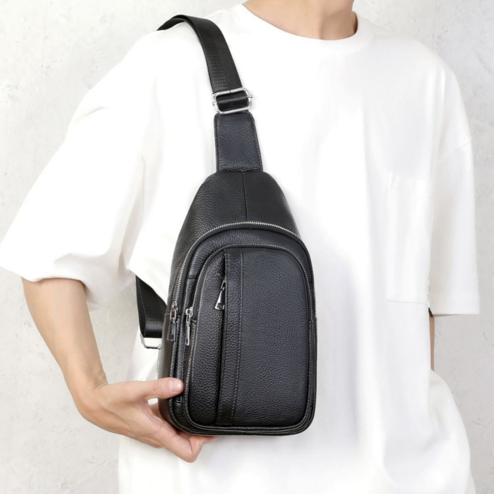 Шкіряна нагрудна чоловіча сумка слінг чорна TIDING BAG Київ - фото 3