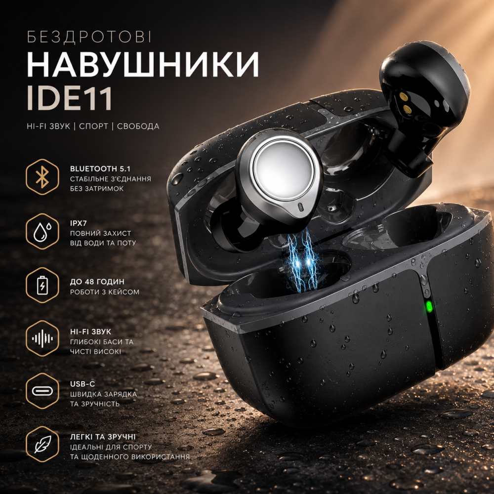 Бездротові навушники IDE11 Bluetooth 5.1 TWS: Спортивні, Водонепроникні IPX7, HI-FI звук, 48 годин роботи, USB-C, Чорні Київ - фото 7