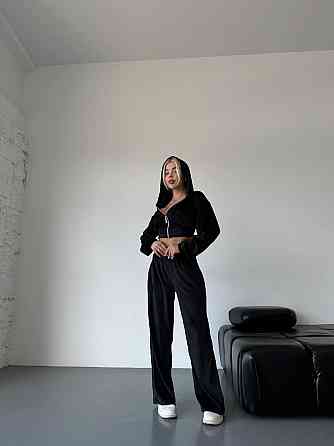 Жіночий стильний прогулянковий костюм-двійка: кофта та штани велюр-плюш Чорний, 48/50 Одеса