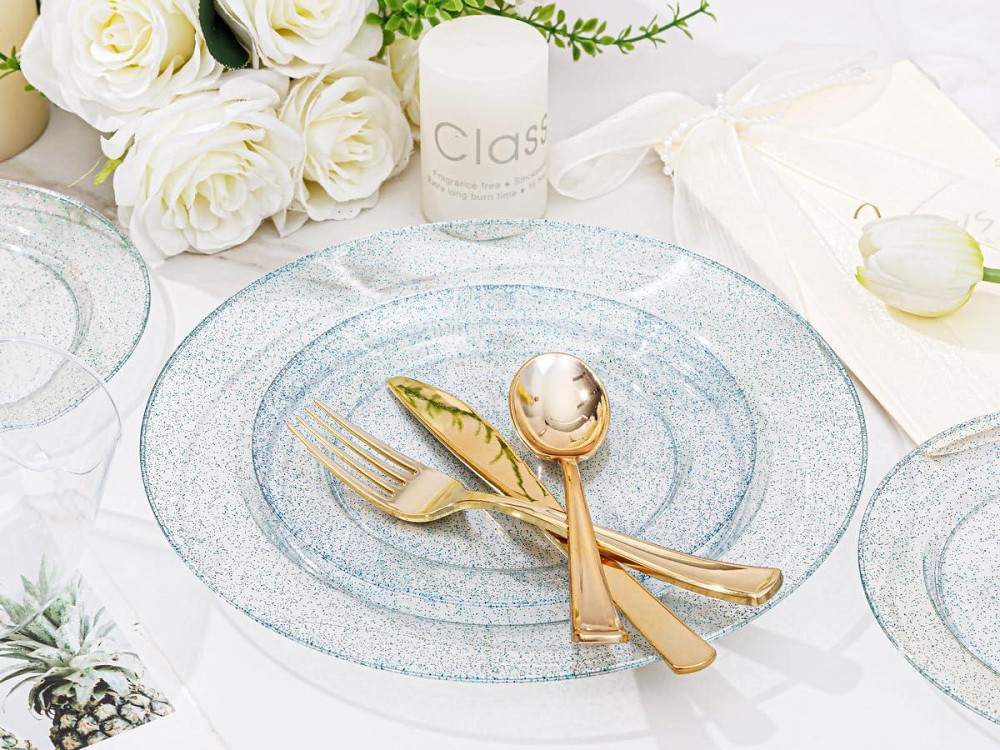 Набор тарелок пластиковых круглые 4 шт, десертные 19 см и обеденные 26 см,синие прозрачные с блёстками Каменец-Подольский - изображение 4