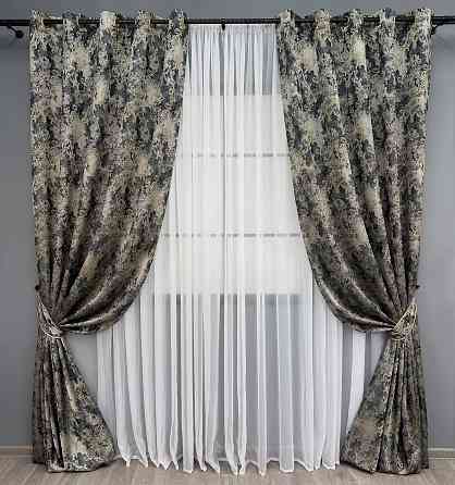 Комплект штор на люверсах VR-Textil Льон Преміум № 1694ш Чорний з бежевим 150х280 см 2 шт (37-0246) Київ