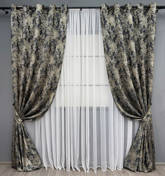 Комплект штор на люверсах VR-Textil Льон Преміум № 1694ш Чорний з бежевим 150х280 см 2 шт (37-0246) Київ - фото 2