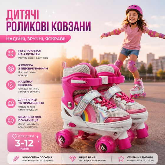 Детские раздвижные роликовые коньки-квады со светящимися колесами для девочек и мальчиков, размеры 31–42 Киев