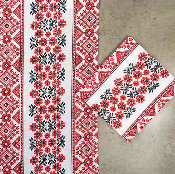 Рушник вафельний з принтом вишивки та червоними квітами GM Textile 35х61см 180г/м2 (Біло-червоний) Суми