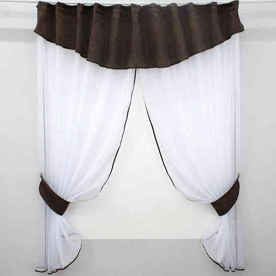 Кухонный комплект VR-Textil № 084к шторки с ламбрекеном белый с коричневым 270х170 см (52-0634) Киев