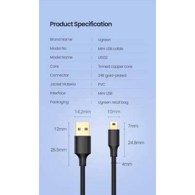 Дата кабель USB 2.0 AM to Mini 5P 1.0m US132 black Ugreen (10355) Вінниця - фото 9