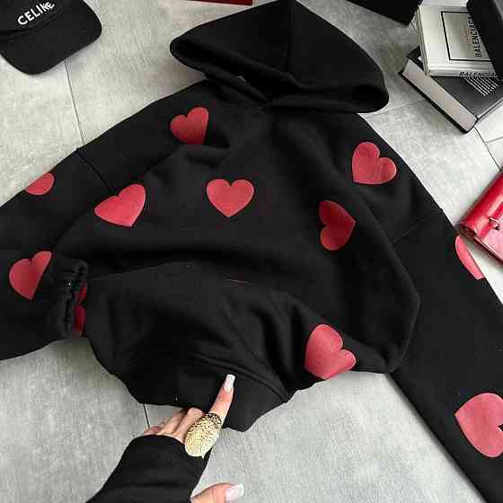 Жіночий теплий костюм-двійка з сердечками тринитка на флісі Чорний, 42/46 Одеса