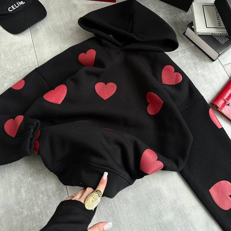 Жіночий теплий костюм-двійка з сердечками тринитка на флісі Чорний, 42/46 Одеса - фото 2