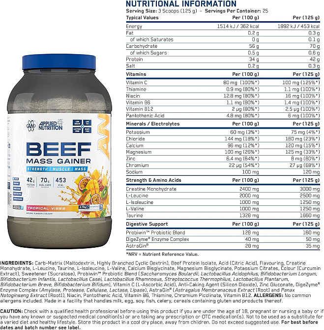 Гейнер Applied Nutrition Beef Mass Gainer 3130 г,  TROPICAL VIBES Луцк - изображение 2
