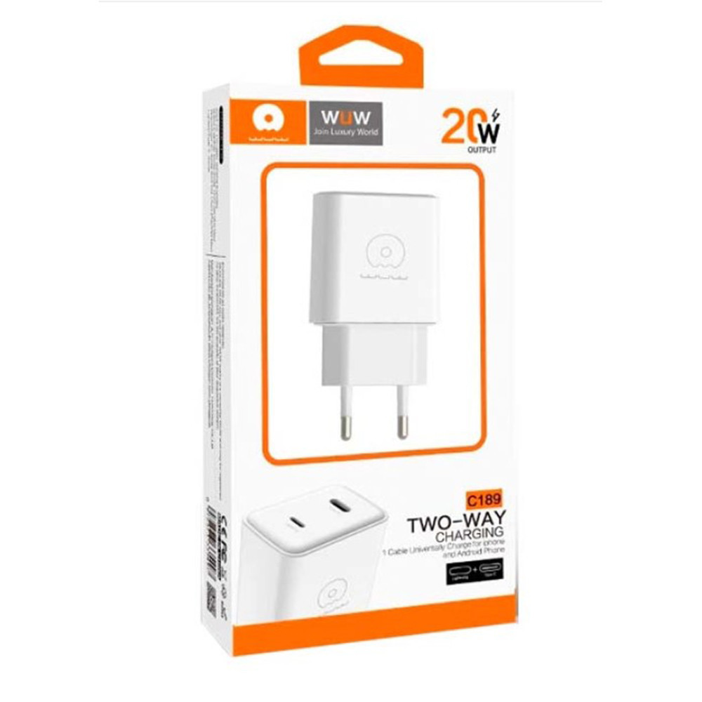 Мережевий зарядний пристрій WUW-C189 PD 20W Charger USB C + USB C white Одеса - фото 2