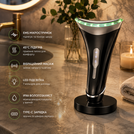 Массажер для шеи и лица MJ-400, EMS, подогрев 45°C, вибрация, LED, Type-C, IPX6, черный Киев