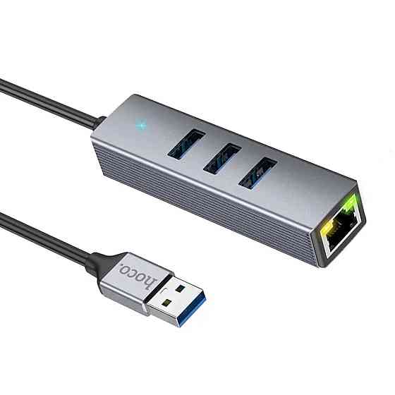 Кабель-перехiдник HOCO HB34 Easy link USB Gigabit Ethernet adapter(USB to USB3.0*3+RJ45) Metal Gray Київ