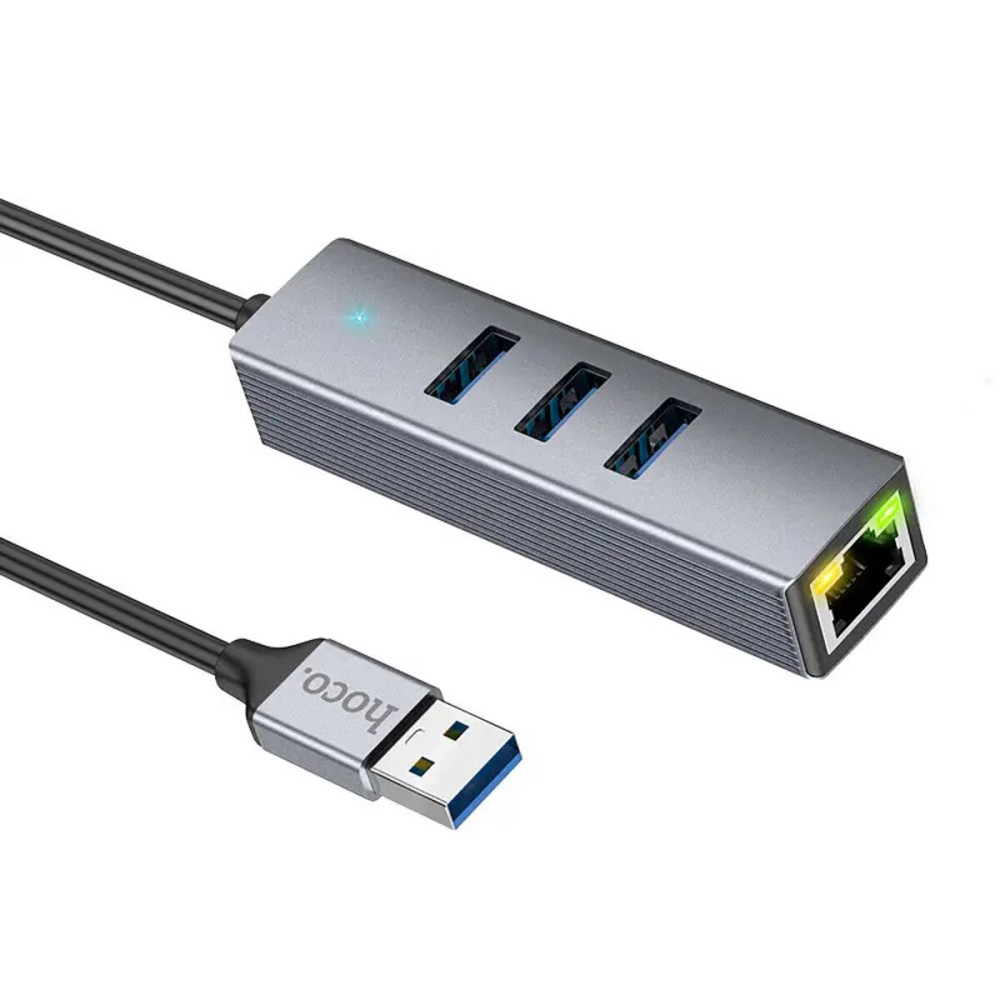 Кабель-перехiдник HOCO HB34 Easy link USB Gigabit Ethernet adapter(USB to USB3.0*3+RJ45) Metal Gray Київ - фото 4