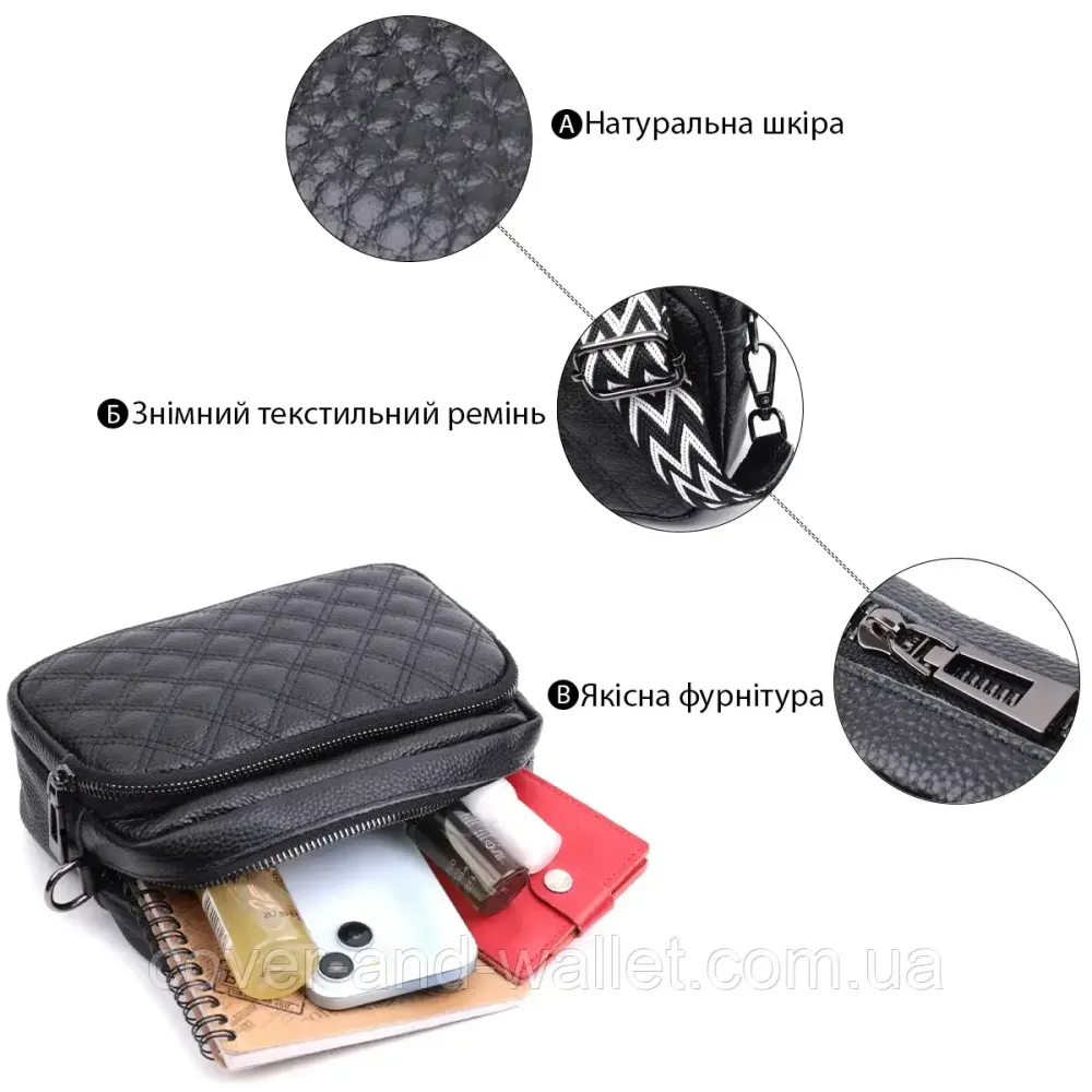 Стильна жіноча сумка чорного кольору із  натуральной шкіри в ромб Київ - фото 3