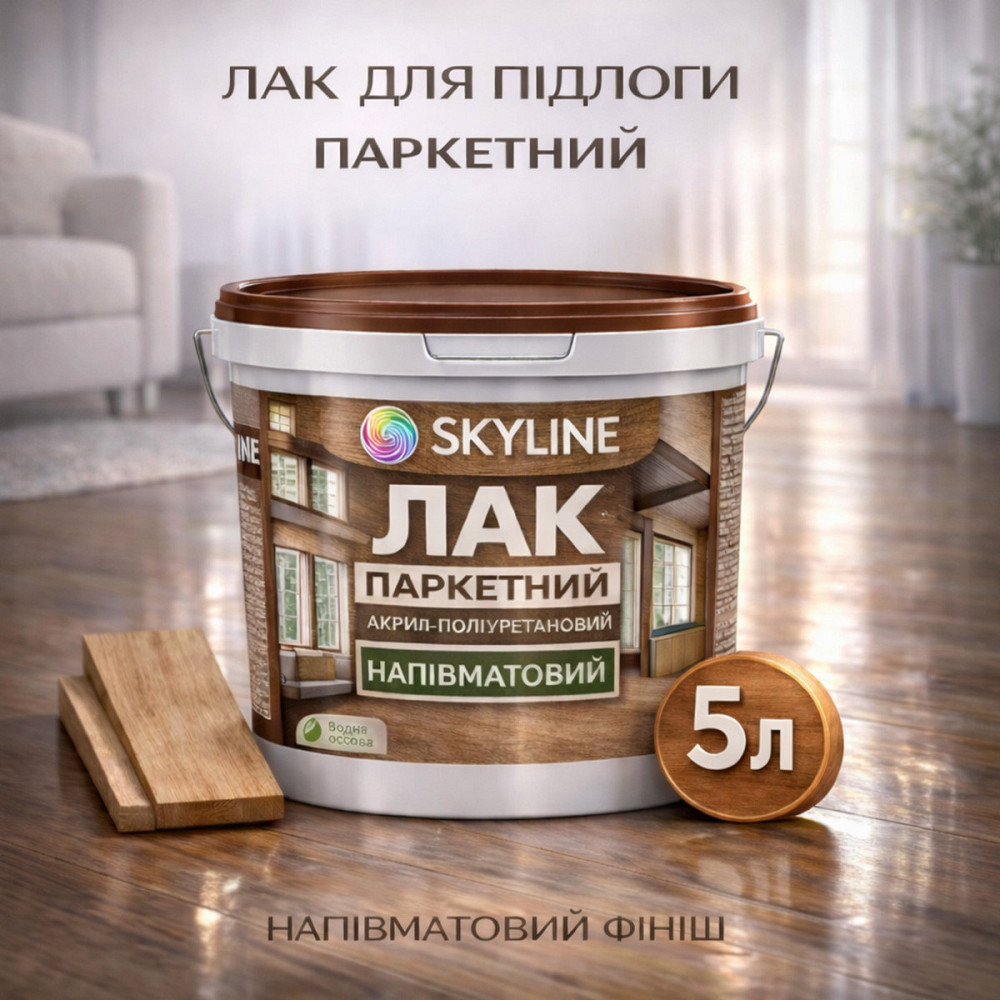 Лак для підлоги напівматовий Skyline паркетний, акрил-поліуретановий, водний, зносостійкий, без запаху, 5 л Харків - фото 1