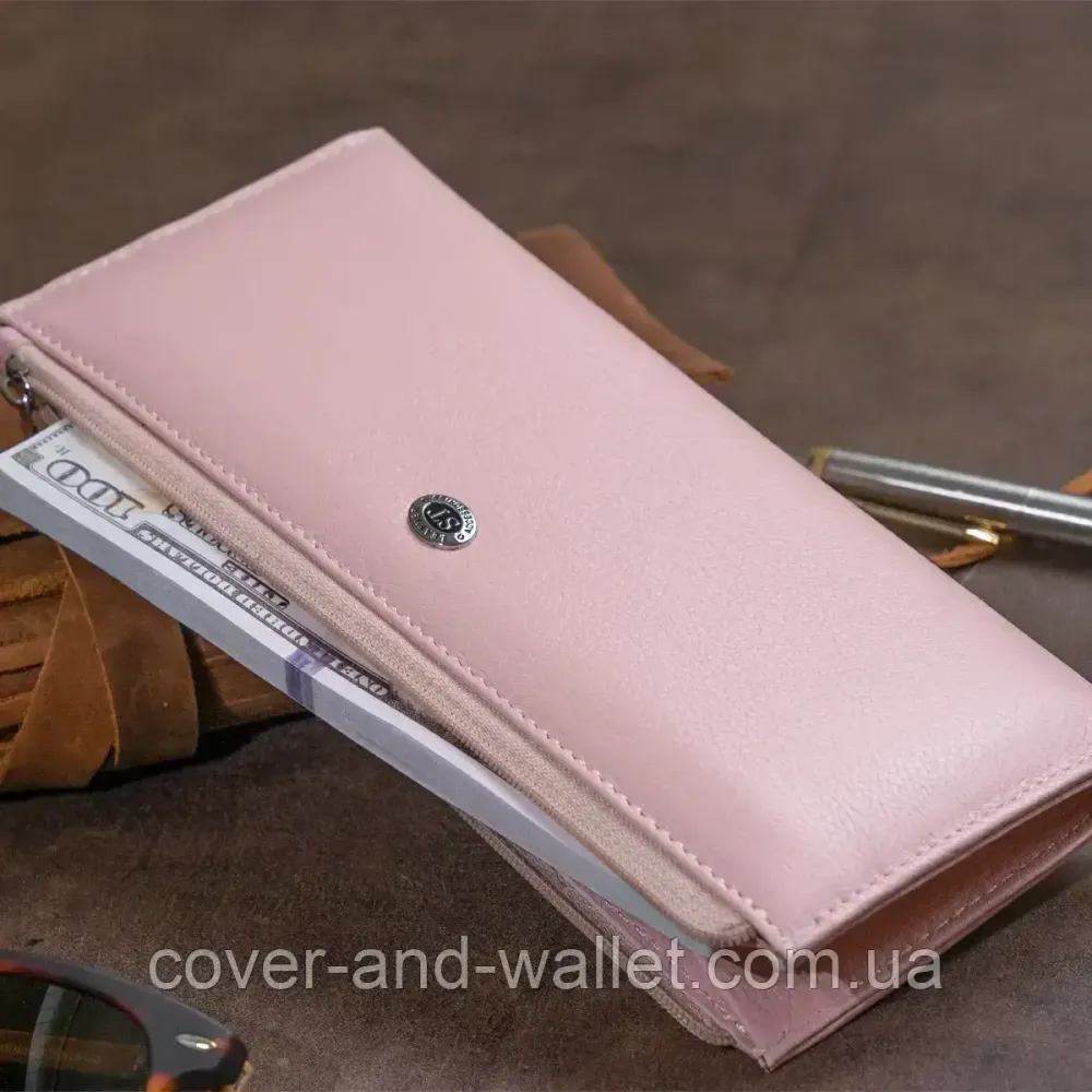 Тонкий жіночий гаманець із натуральної шкіри на блискавці пудрового кольору ST Leather Київ - фото 9
