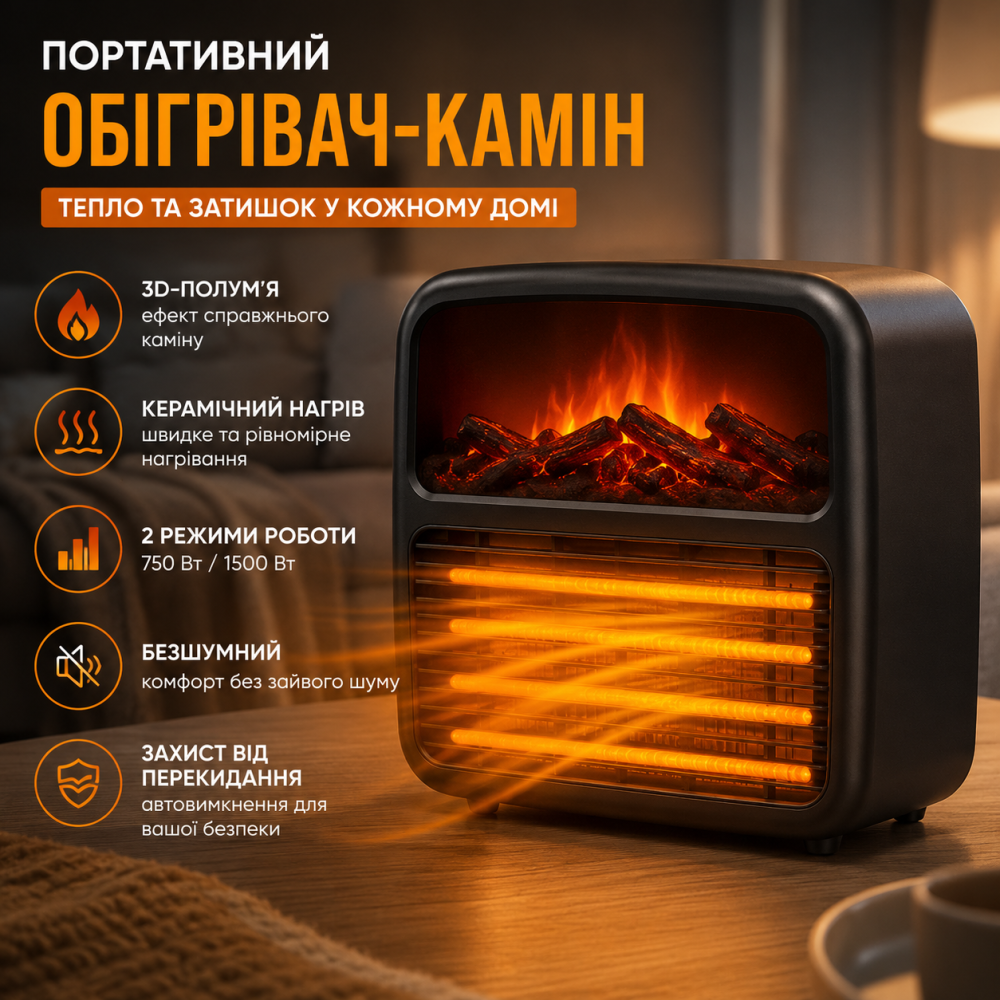 Портативний обігрівач-камін 1500 Вт: 3D-полум'я, Керамічний нагрів, 2 режими, Безшумний, Захист від перекидання Київ - фото 8