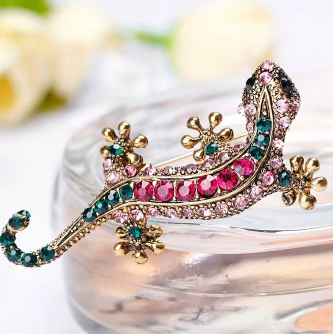 Брошь ящерица со стразами винтажная золотая брошь животное декоративное украшение Киев - изображение 4