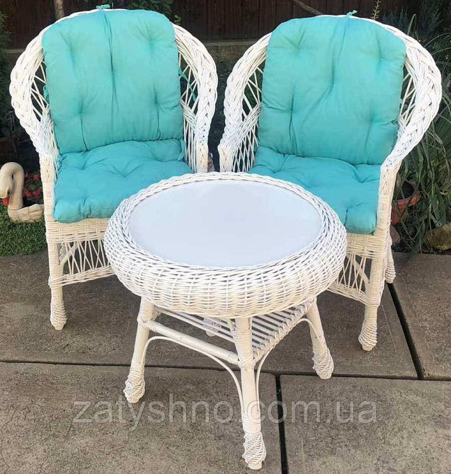 Белая плетеная мебель с накидками голубым|Мебель из лозы белая |мебель плетеная на балкон Киев - изображение 4