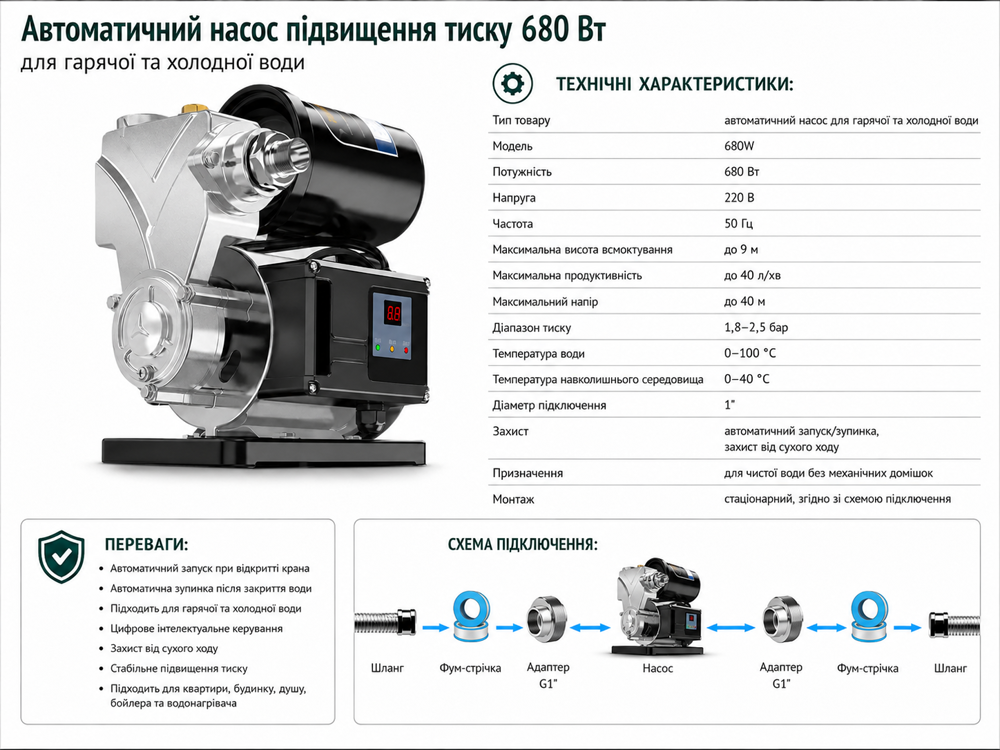 Поверхневий автоматичний насос WEIMENG 680WA 3,5 м³/год, напір 50 м, із цифровим контролером (933188067) Київ - фото 16