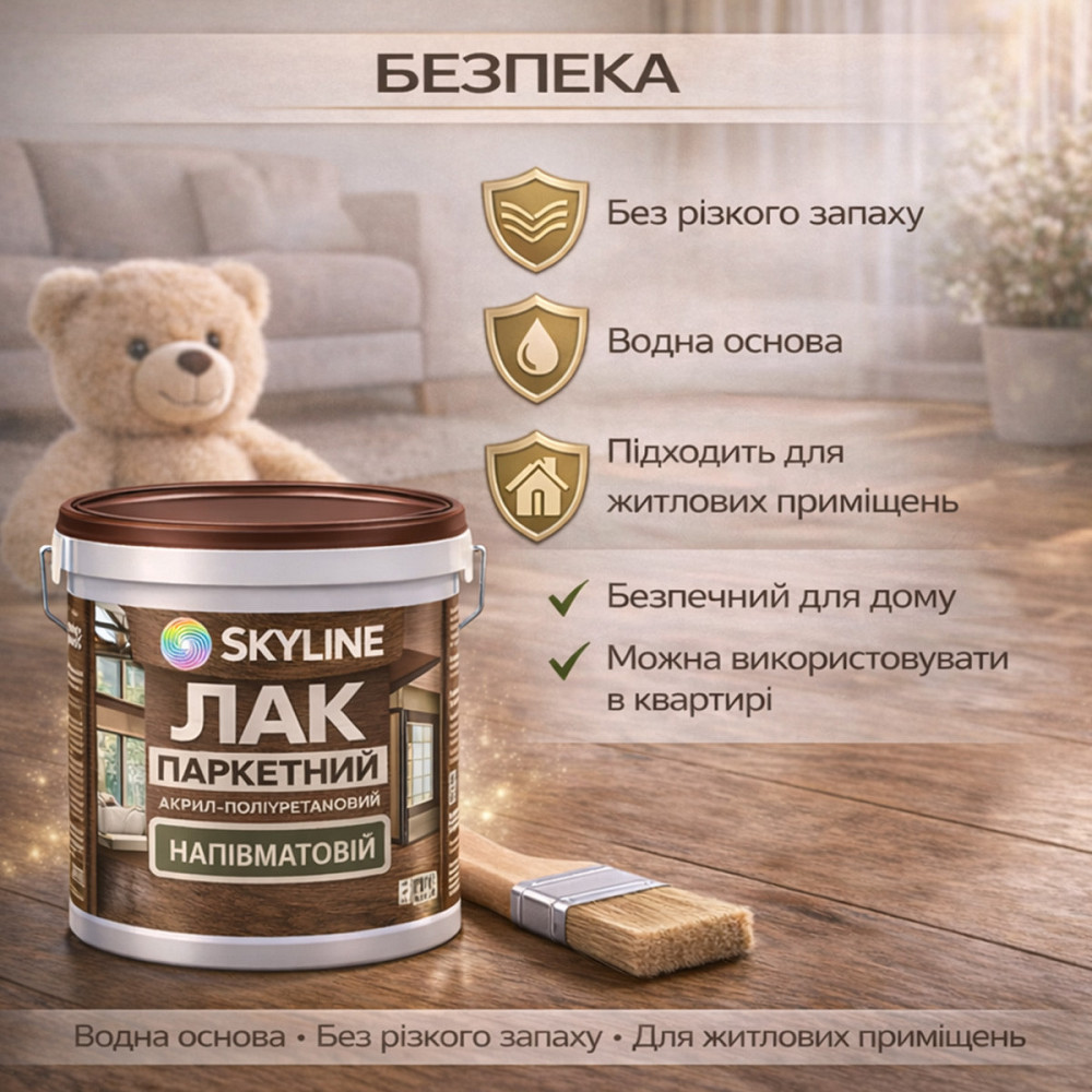 Лак для підлоги напівматовий Skyline паркетний, акрил-поліуретановий, водний, зносостійкий, без запаху, 3 л Харків - фото 8