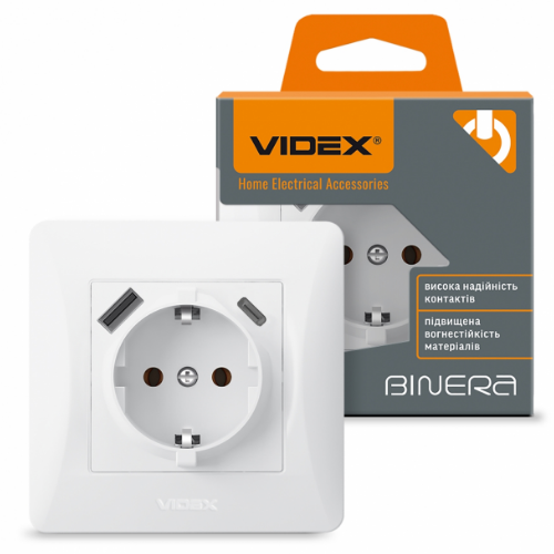 BINERA білий Розетка внутрішня +USB+Type-C із заземленням Videx Житомир