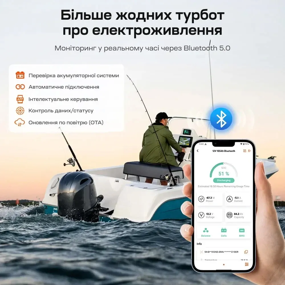 Акумуляторна батарея літій-залізо-фосфатна з Bluetooth та підігрівом стартерна / тягова 12.8В 165А*год LiFePO4 LiTime Dual Purpose Київ - фото 7