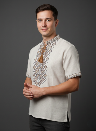 Льняная мужская вышиванка с коричневым орнаментом Праздничная Киев