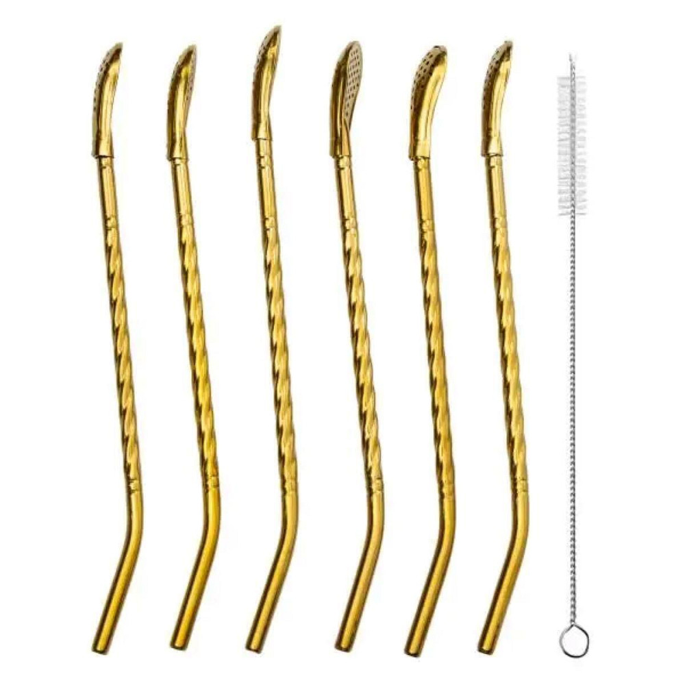 Набір багаторазових ложок-трубочок 6 шт для напоїв 19.5 см зі щіткою для миття з нержавіючої сталі Бронзовий HP-20-55 Київ - фото 1