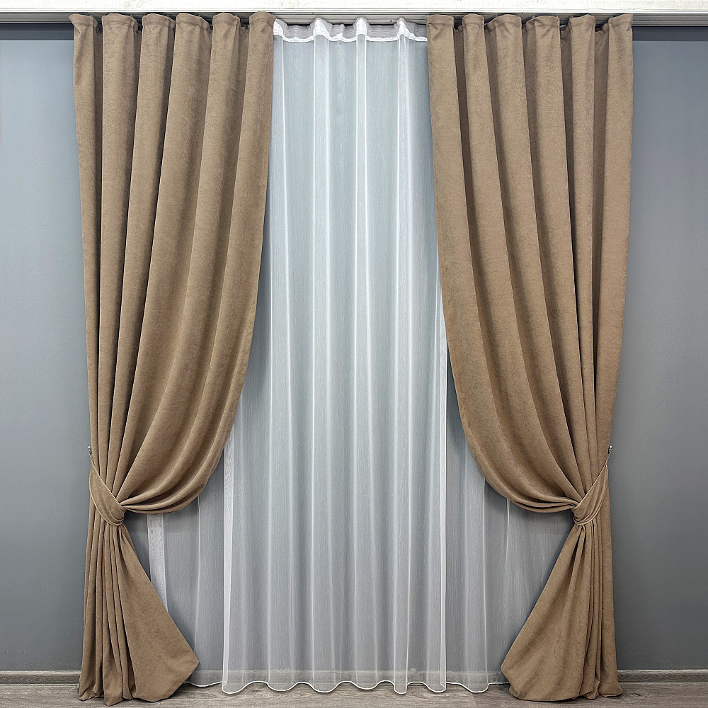 Комплект штор VR-Textil Микровелюр Petek 100х270 2шт и Тюль 300х270 1701ш-1153т Капучино с белым 71-055/1 Киев - изображение 1