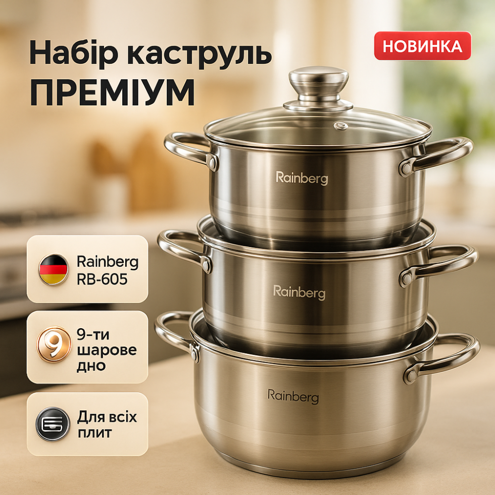 Высококачественная посуда из нержавеющей стали Rainberg, Набор высоких кастрюль, Модные наборы посуды DB-12 Львов - изображение 19