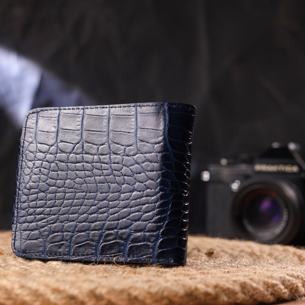 Стильне портмоне для чоловіків у два складення з натуральної фактурної шкіри з тисненням під крокодила CANPELLINI 21577 Синє Київ - фото 7