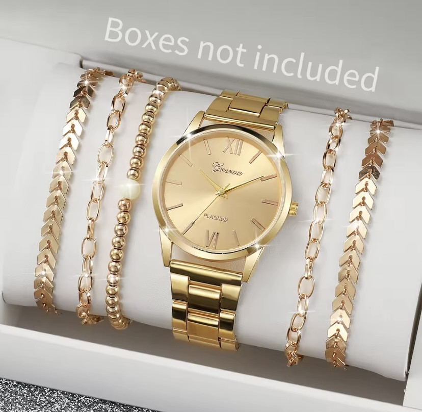 Подарунковий набір для жінок 1 наручний годинник з 5 браслетами без подарункової коробки золотий Київ - фото 4