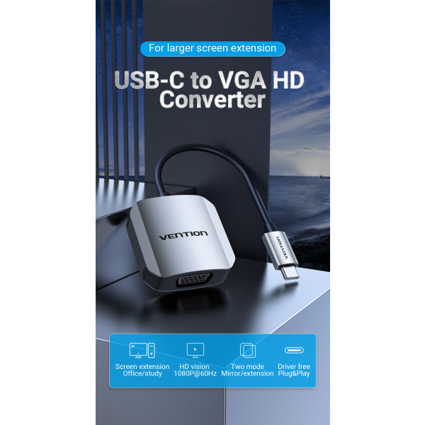 Перехідник USB3.1 Type-C --> VGA (F), 1080p 60Hz, кабель 0.15м, Vention (TDFHB) Київ - фото 2