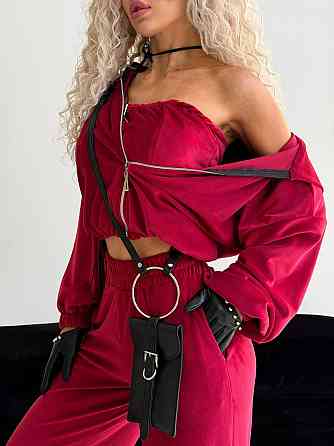 Жіночий велюровий костюм-трійка: кофта корсет і штани Бордовий, 42/46 Одеса