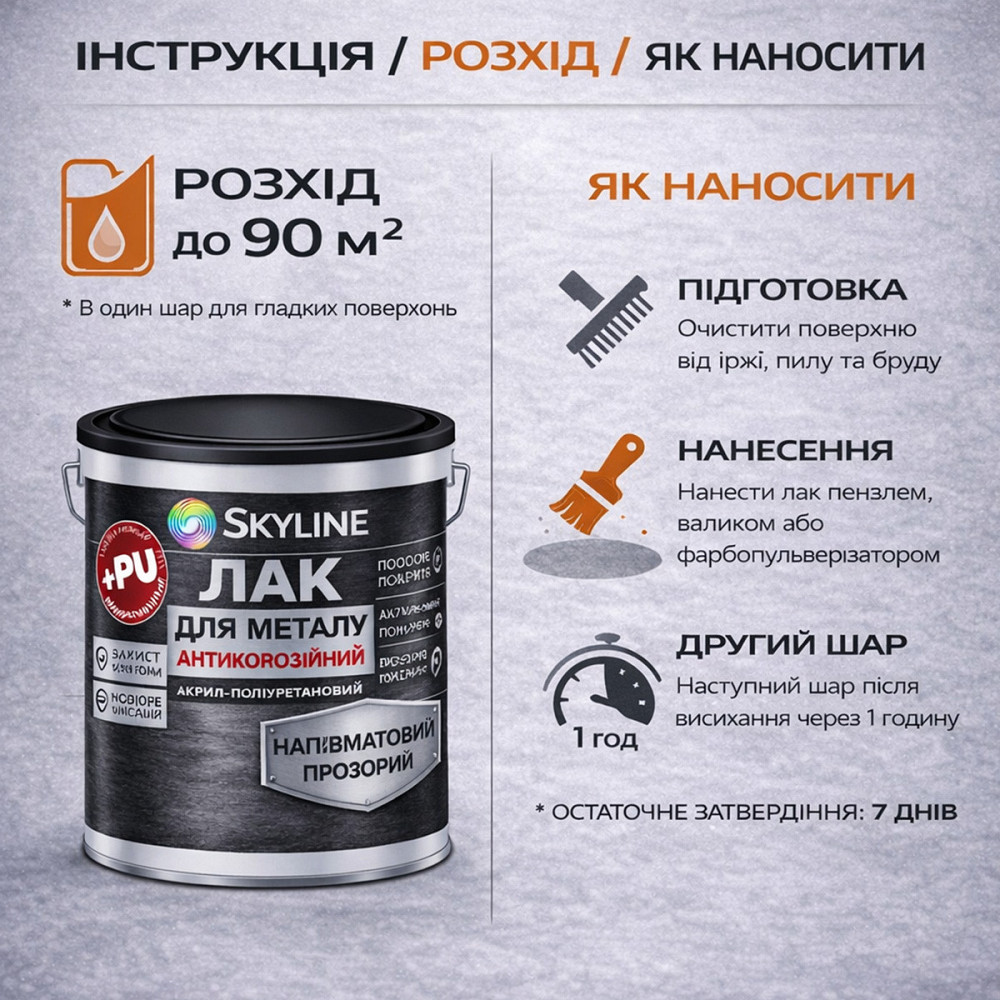 Лак для металу Skyline напівматовий прозорий акрил-поліуретановий антикорозійний без запаху 10 л Харків - фото 7